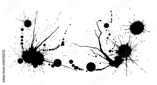 Dynamic black ink splatter abstract design elements with spray effect and drips for creative projects