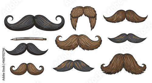 Dapper gentlemen sport diverse mustaches, a stylish array of facial hair for any distinguished look.