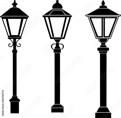 Street lamp set, Set of street lights, street light collection, Vector of street lights, street light silhouette, street light isolated on white background