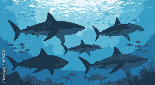 Majestic sharks swim through sunlit ocean depths, schooling fish and coral reef below