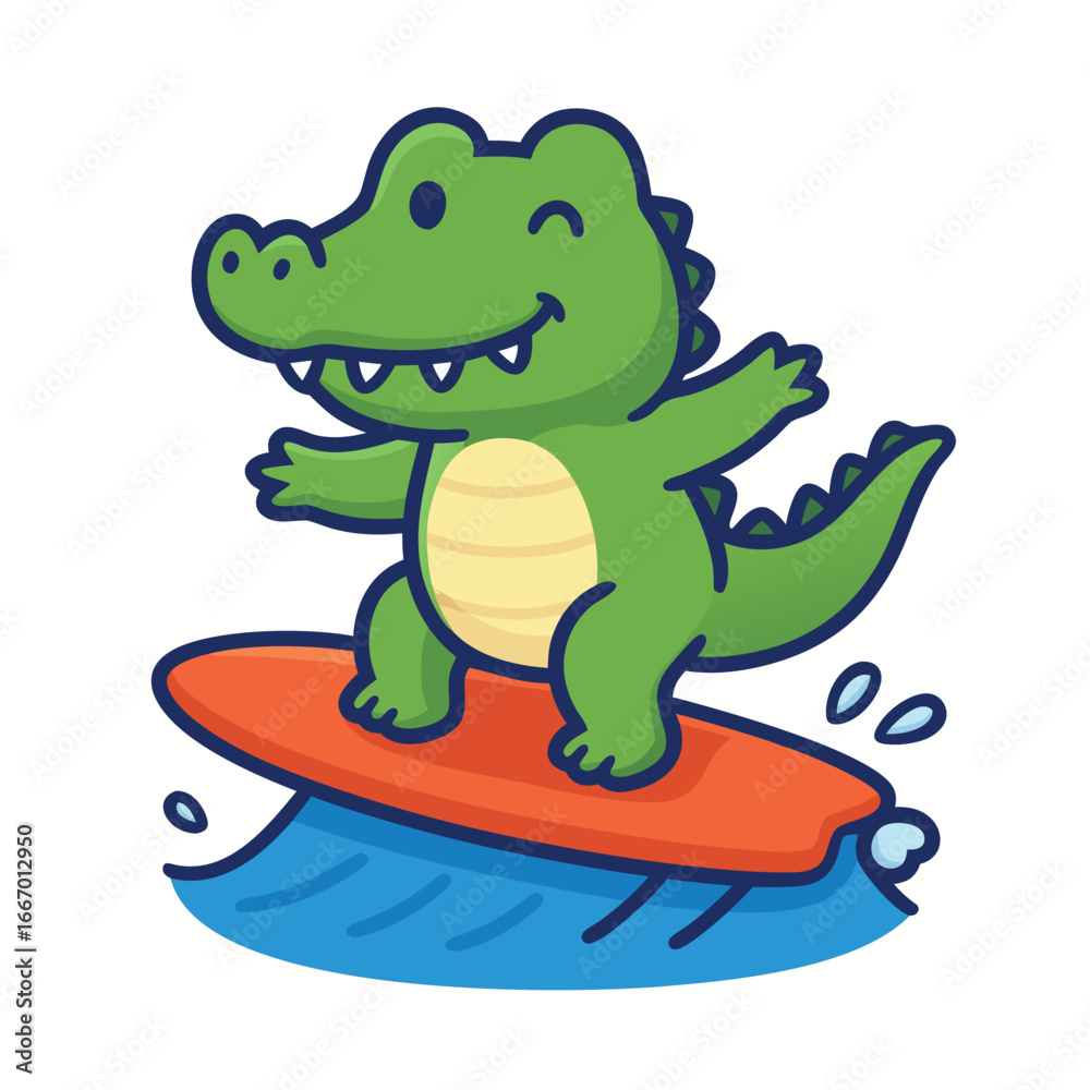 Naklejka premium alligator surfing on wave cartoon illustration, mascot illustration
