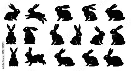 Black bunny silhouettes in various poses perfect for Easter designs and spring celebrations