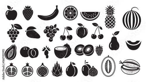 Food fruits glyph icon set. Vector pictograms of banana, strawberry, pineapple, watermelon, grapes, mango, blueberries, peach, cherry, lemon, avocado, pear, kiwi, black sign silhouette illustration.