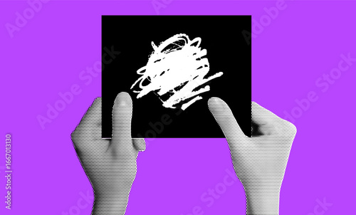 Hands Holding Black Card with White Scribbles on Purple Background