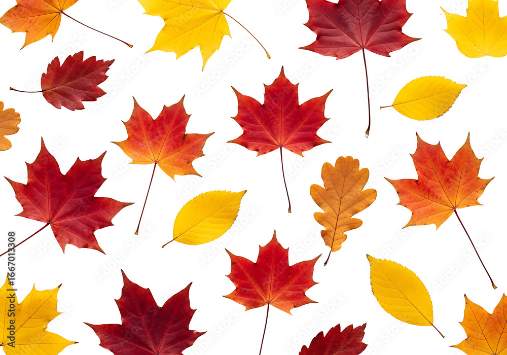 Obraz premium Vibrant autumn leaves in reds, oranges, and yellows create a beautiful pattern against a deep black background.