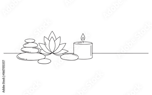 Zen spa stones lotus flower and burning candle line art wellness relaxation