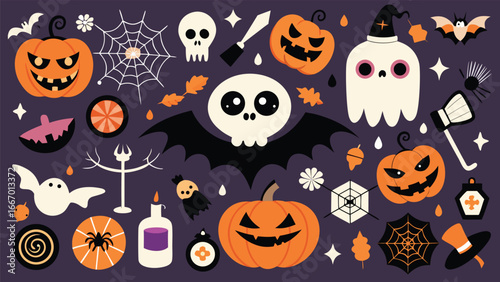 Collection of halloween themed graphic elements and illustrations