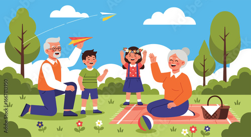 Adobe illustrator artwork vector illustration of a happy family, grandparents and grandchildren enjoying a picnic at the park, with the children flying a paper plane