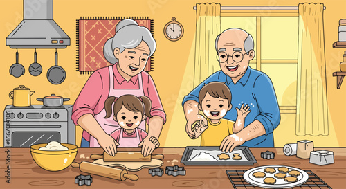 Adobe illustrator artwork vector illustration: Happy grandparents wearing chef hats bake cookies with their grandchildren in a cozy kitchen, filled with love and floury fun. Vector illustration