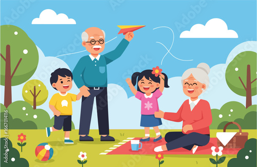 Adobe illustrator artwork vector illustration of a happy family, grandparents and grandchildren enjoying a picnic at the park, with the children flying a paper plane