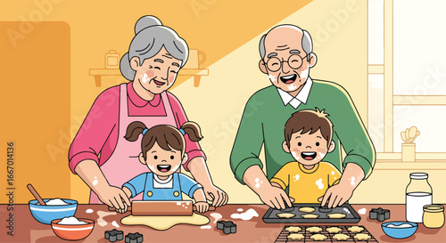 Adobe illustrator artwork vector illustration: Happy grandparents wearing chef hats bake cookies with their grandchildren in a cozy kitchen, filled with love and floury fun. Vector illustration