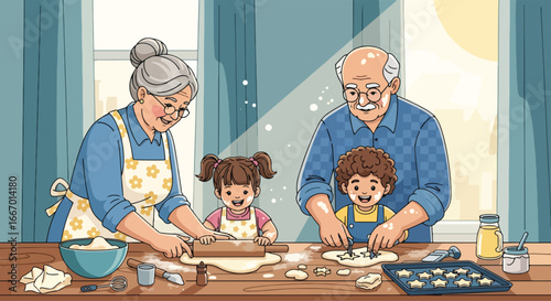 Adobe illustrator artwork vector illustration: Happy grandparents wearing chef hats bake cookies with their grandchildren in a cozy kitchen, filled with love and floury fun. Vector illustration