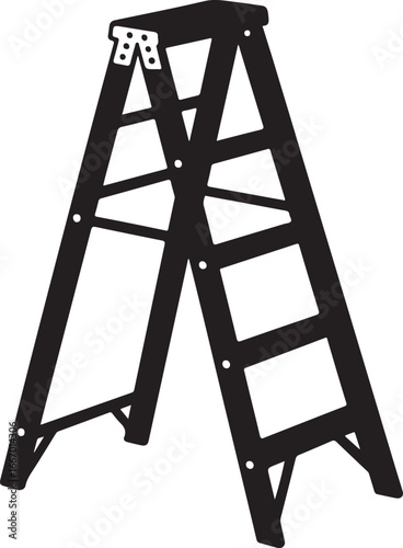A black foldable a frame stepladder standing open on a white background isolated on white background