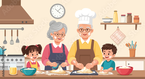 Adobe illustrator artwork vector illustration: Happy grandparents wearing chef hats bake cookies with their grandchildren in a cozy kitchen, filled with love and floury fun. Vector illustration