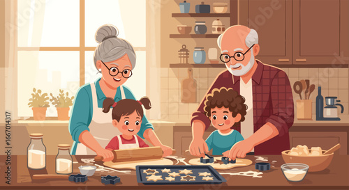 Adobe illustrator artwork vector illustration: Happy grandparents wearing chef hats bake cookies with their grandchildren in a cozy kitchen, filled with love and floury fun. Vector illustration
