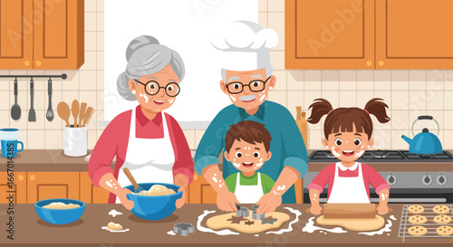 Adobe illustrator artwork vector illustration: Happy grandparents wearing chef hats bake cookies with their grandchildren in a cozy kitchen, filled with love and floury fun. Vector illustration