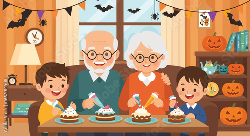 Adobe illustrator artwork vector illustration: Grandparents and grandchildren happily decorating cupcakes with frosting and sprinkles during Halloween, surrounded by festive decorations at home