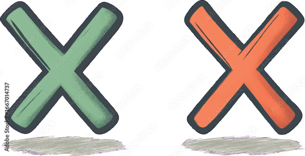 Fototapeta premium Two Hand Drawn X Marks, Green and Orange, with Shadows on White cross wrong