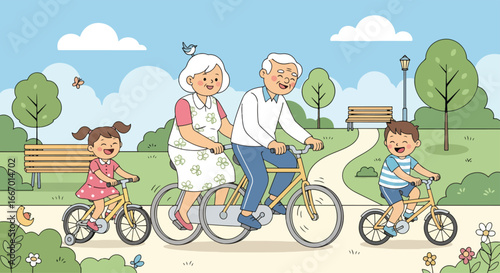 Adobe illustrator artwork vector illustration: Happy grandparents and grandchildren enjoy a delightful family bike ride in the park on a sunny day