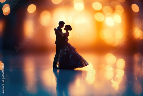 Silhouette of a couple dancing romantically against a bokeh background of warm lights.