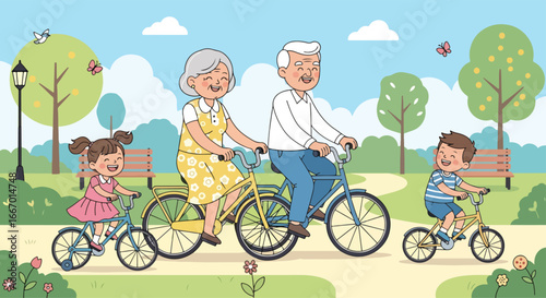 Adobe illustrator artwork vector illustration: Happy grandparents and grandchildren enjoy a delightful family bike ride in the park on a sunny day