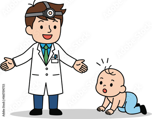 Cartoon Vector Illustration of Pediatrician with Open Arms and Crawling Baby in Medical Scene on White Background