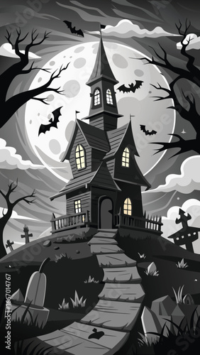 Monochromatic spooky illustration featuring a detailed black and white design with a mysterious and eerie atmosphere