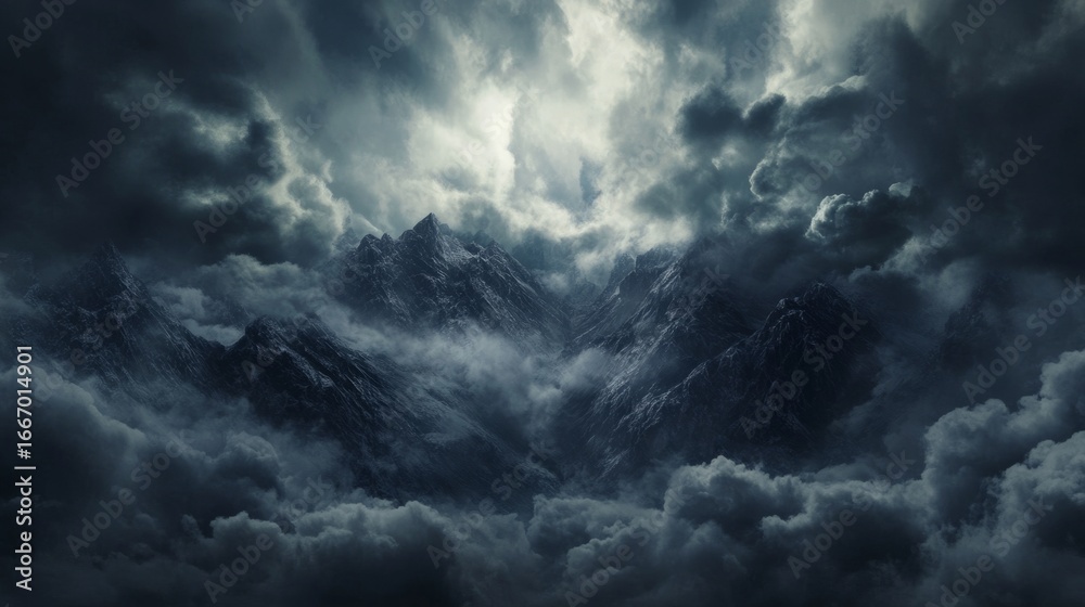 Obraz premium large, heavy clouds, a storm is approaching, over beautiful, steep snow-capped mountains generative ai