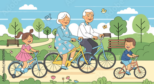 Adobe illustrator artwork vector illustration: Happy grandparents and grandchildren enjoy a delightful family bike ride in the park on a sunny day