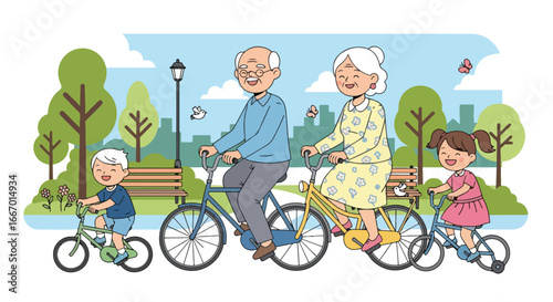 Adobe illustrator artwork vector illustration: Happy grandparents and grandchildren enjoy a delightful family bike ride in the park on a sunny day