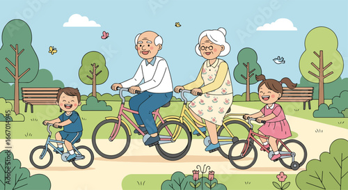 Adobe illustrator artwork vector illustration: Happy grandparents and grandchildren enjoy a delightful family bike ride in the park on a sunny day