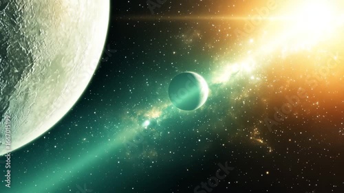 Vast cosmic expanse with a glowing sun, a large planet in the foreground, and a distant celestial body 4k video