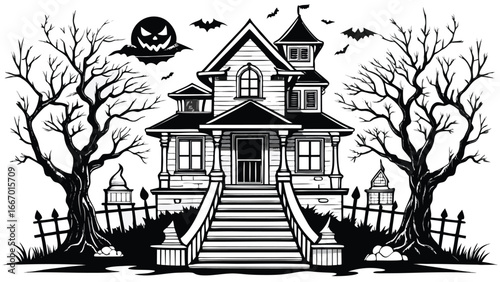Monochromatic spooky line art illustration featuring a haunting figure and eerie elements