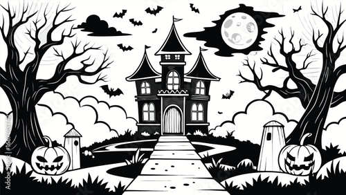 Spooky black and white line drawing illustration with a vintage eerie aesthetic for halloween or horror themes