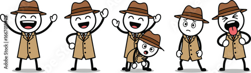 Cartoon Vector Illustration of Stick Figures in Trench Coats Expressing Joy, Playfulness, Neutrality, and Frustration on White Background