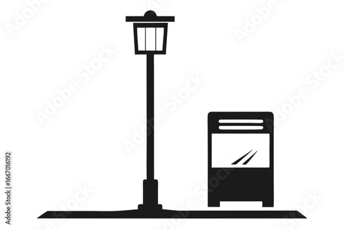 Black Silhouette of Streetlight and Display Stand on Gray Base Illustration Style