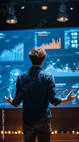 Entrepreneur presenting a startup pitch with digital charts on a large screen, cinematic style
