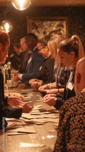 Business networking event with people exchanging business cards, formal attire, warm lighting