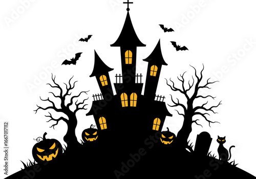 Spooky Haunted Castle with Pumpkins and Bats – Halloween Night Silhouette Art