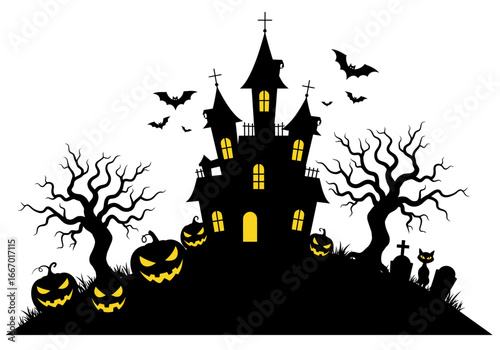 Spooky Haunted Castle with Pumpkins and Bats – Halloween Night Silhouette Art