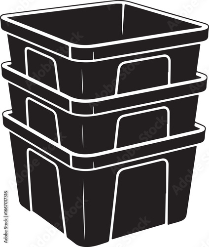 Stack of three black plastic storage crates or bins isolated on white background