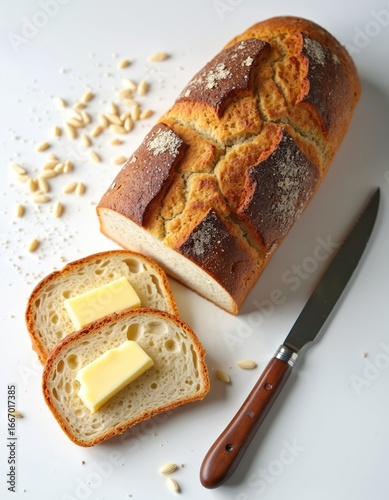 Artisan sourdough bread, crusty loaf with buttered slices and knife. Rustic homemade whole wheat grain texture, delicious breakfast or meal ingredient. Wholesome, nourishing, tasty artisanal food.