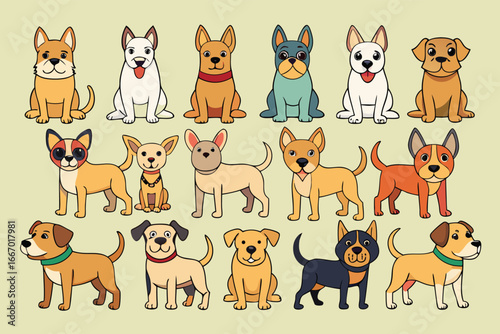 Vector art of an engaging illustration featuring a variety of dog breeds, each depicted with unique features and a cheerful demeanor, creating a lively and appealing composition