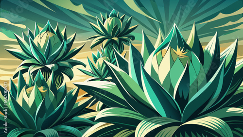 Agave blossoms of Madeira rise sculptural, abstract silhouettes etched in green strength, timeless floral artistry merges with natural monumentality, semi-realistic vector vision embodying rugged eleg