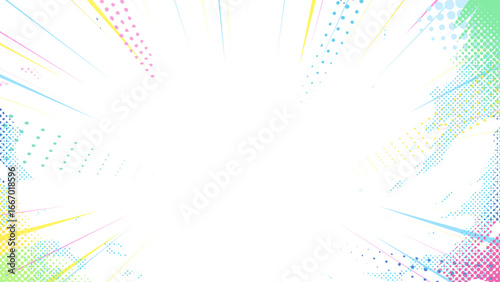 カラフルでポップな集中線とドットの背景イラスト_16:9