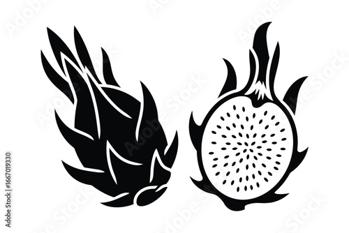Black and white illustration of dragon fruit whole and halved