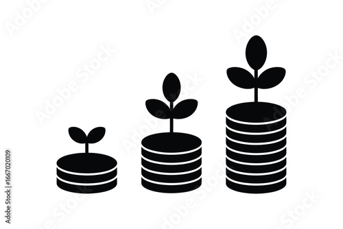 Growing stack of coins with plant symbolizing financial growth