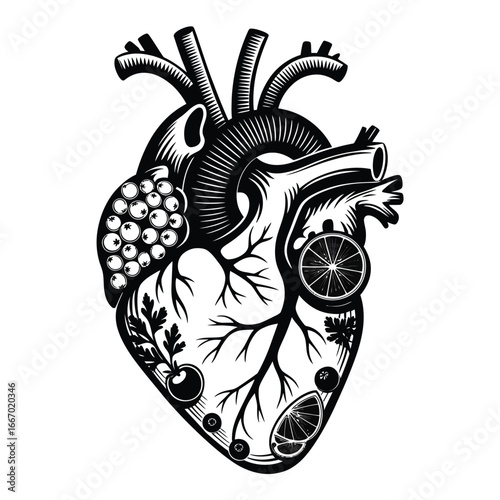 Artistic anatomical heart illustration with fruits and gears