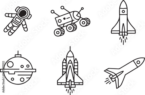 Collection of hand drawn space exploration icons including astronaut rover and rockets isolated on white background