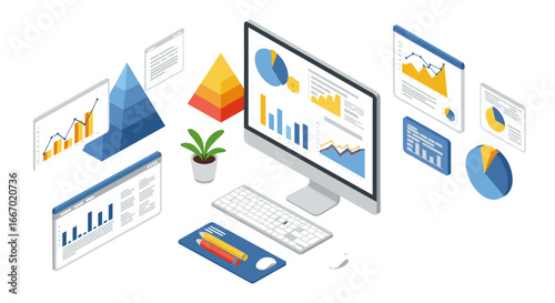 Isometric office workspace with data analysis charts and graphs
